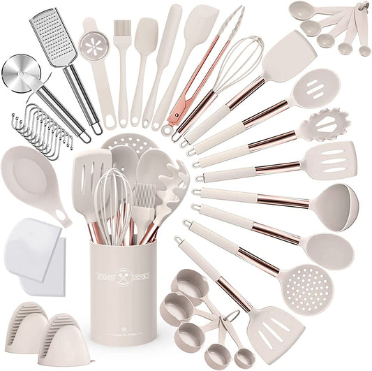 Umite Chef 43-Piece Silicone Cooking Utensil Set with Rose Gold Stainless Steel Handles - Non-Stick and Heat Resistant Cookware Set (Khaki)