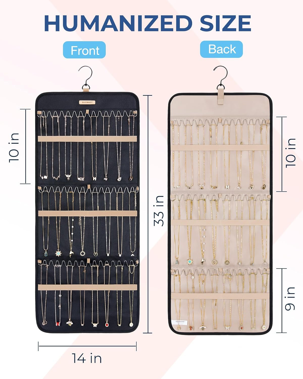 BAGSMART Double-Sided Jewelry Organizer with Hanger - Large Black Necklace and Bracelet Storage Roll with Metal Hooks for Closet, Wall, or Door