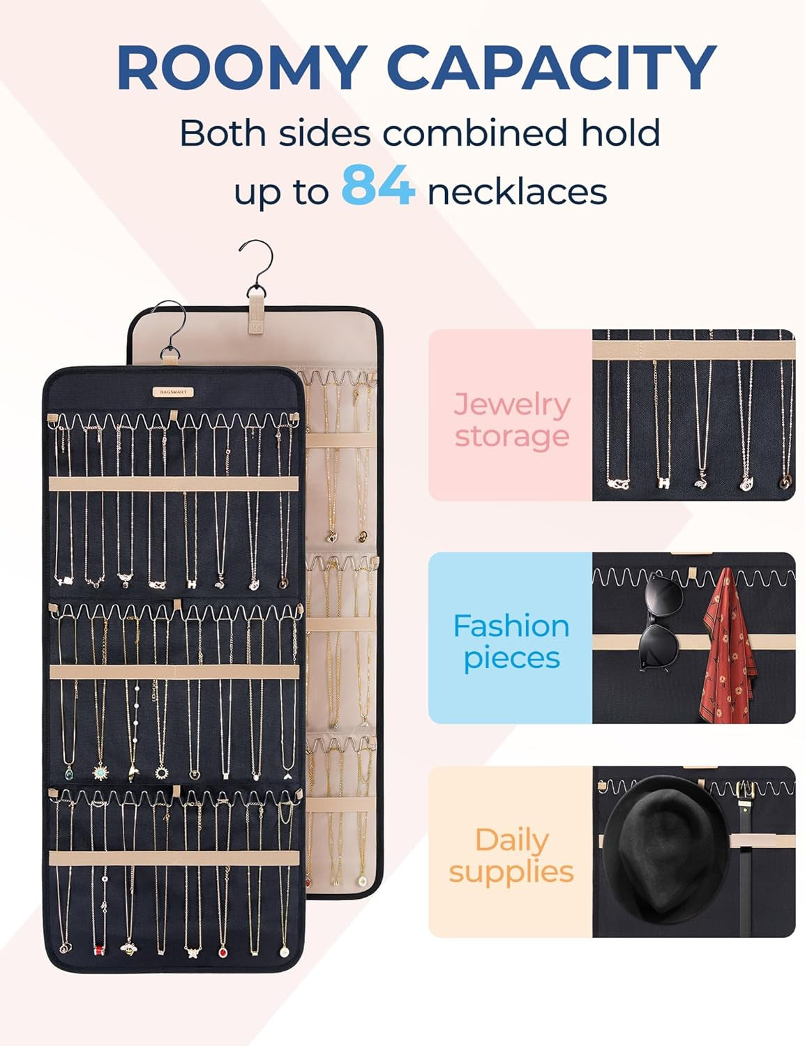 BAGSMART Double-Sided Jewelry Organizer with Hanger - Large Black Necklace and Bracelet Storage Roll with Metal Hooks for Closet, Wall, or Door