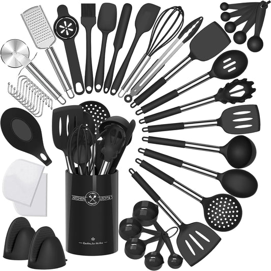 Umite Chef 43-Piece Heat-Resistant Silicone Kitchen Utensils Set with Stainless Steel Handles for Non-Stick Cookware - Black