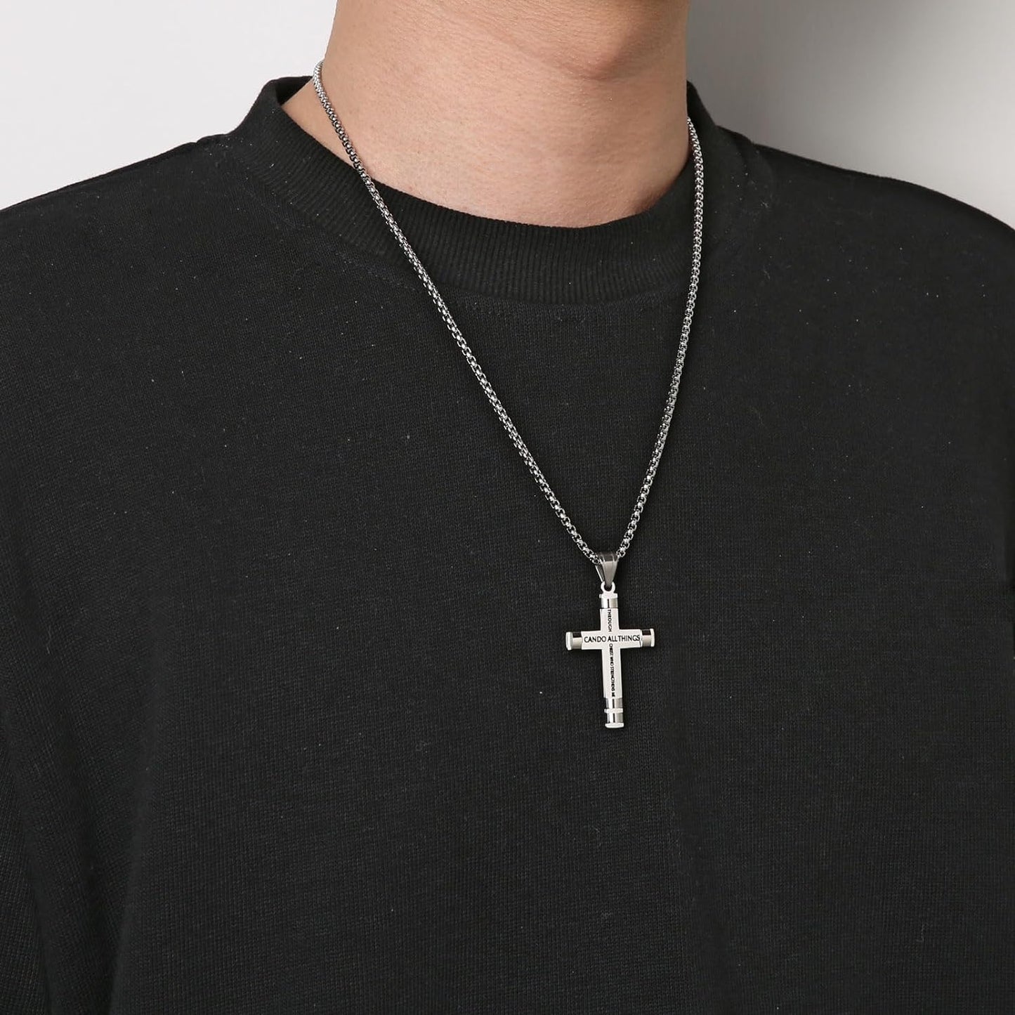 HZMAN Philippians 4:13 Cross Pendant Necklace - Strength Bible Verse in Stainless Steel, Available in Three Colors