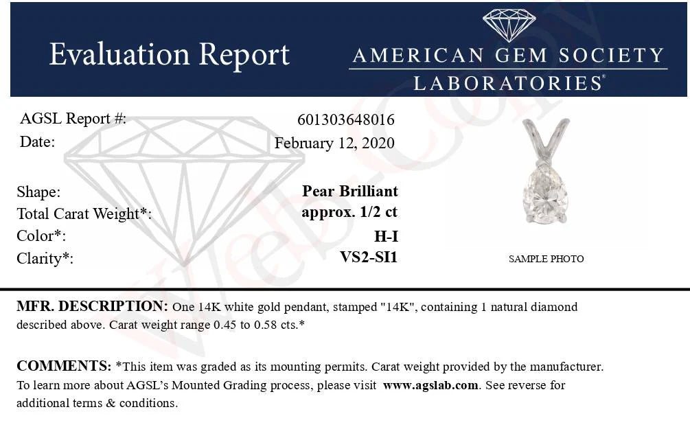 AGS Certified 14K White Gold 1/2 Cttw Diamond Pear Pendant Necklace - Inside The Bars