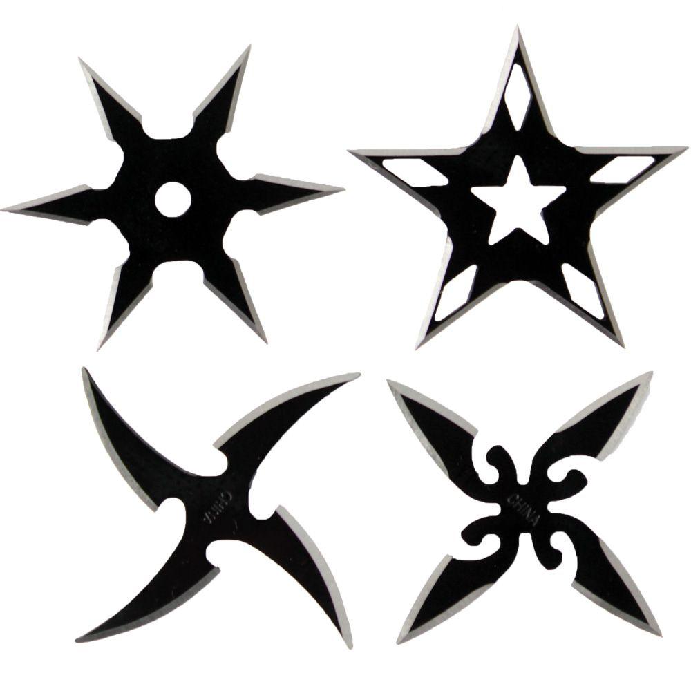 Compact 2.5” Black Steel Throwing Star Set with Pouch - 4 Unique Designs - Inside The Bars