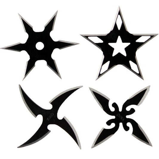 Compact 2.5” Black Steel Throwing Star Set with Pouch - 4 Unique Designs - Inside The Bars