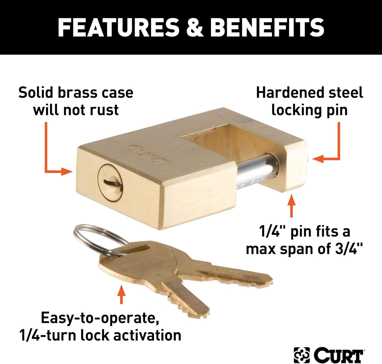 CURT 23546 Brass Trailer Tongue Coupler Lock 1/4 Inch Pin - Inside The Bars