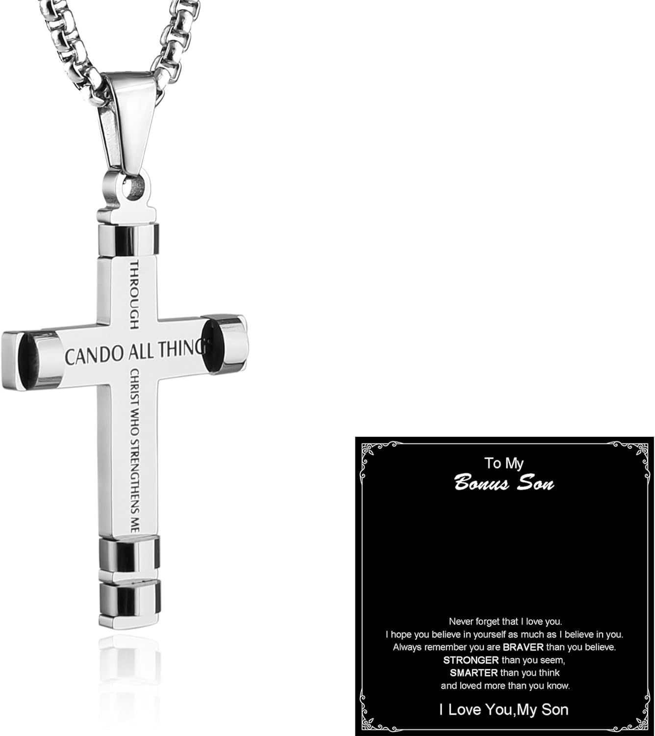 HZMAN Philippians 4:13 Cross Pendant Necklace - Strength Bible Verse in Stainless Steel, Available in Three Colors