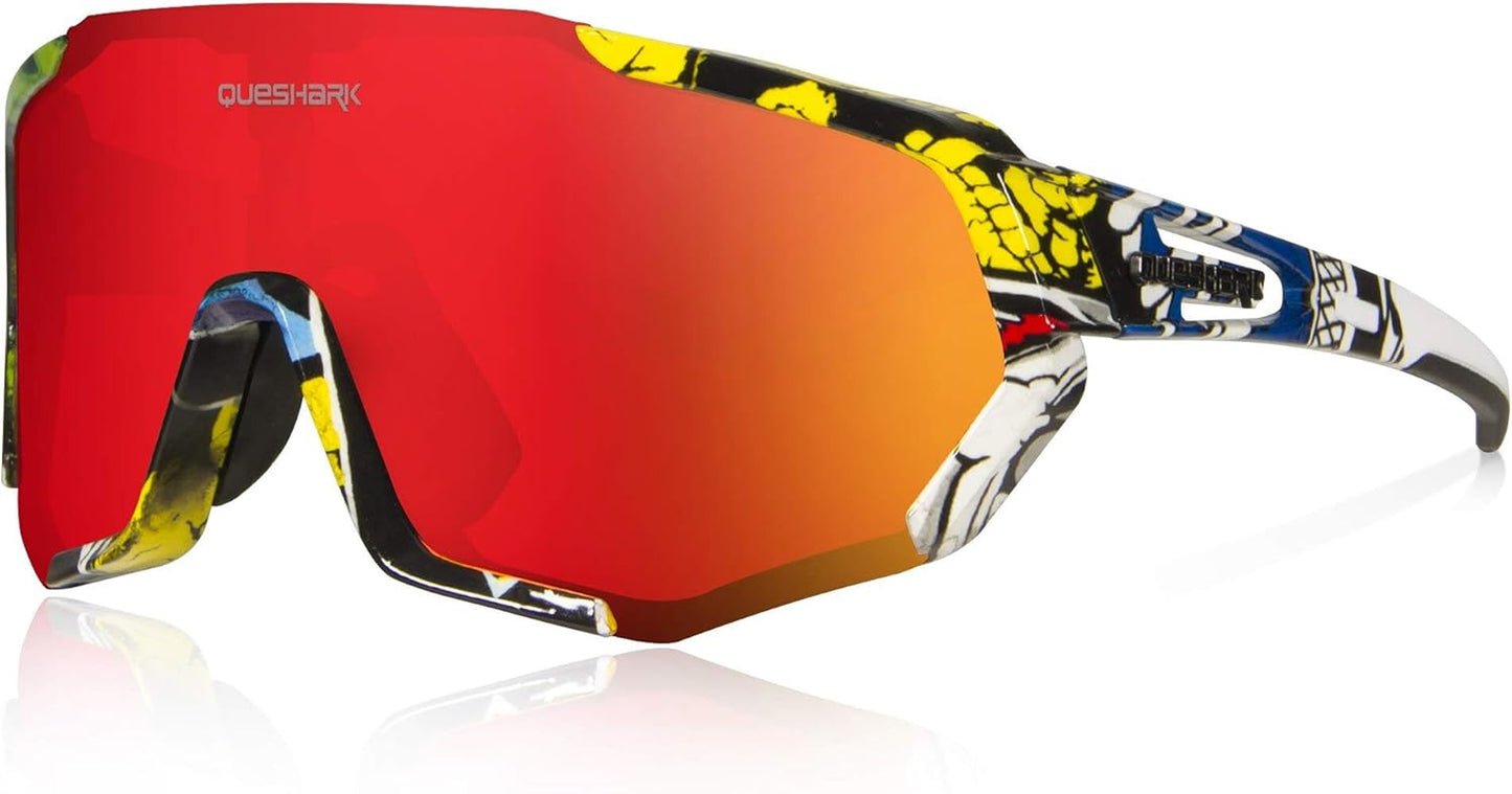 Queshark Polarized Sports Sunglasses for Men and Women, Featuring 1 Polarized and 2 HD Lenses for Cycling and Running