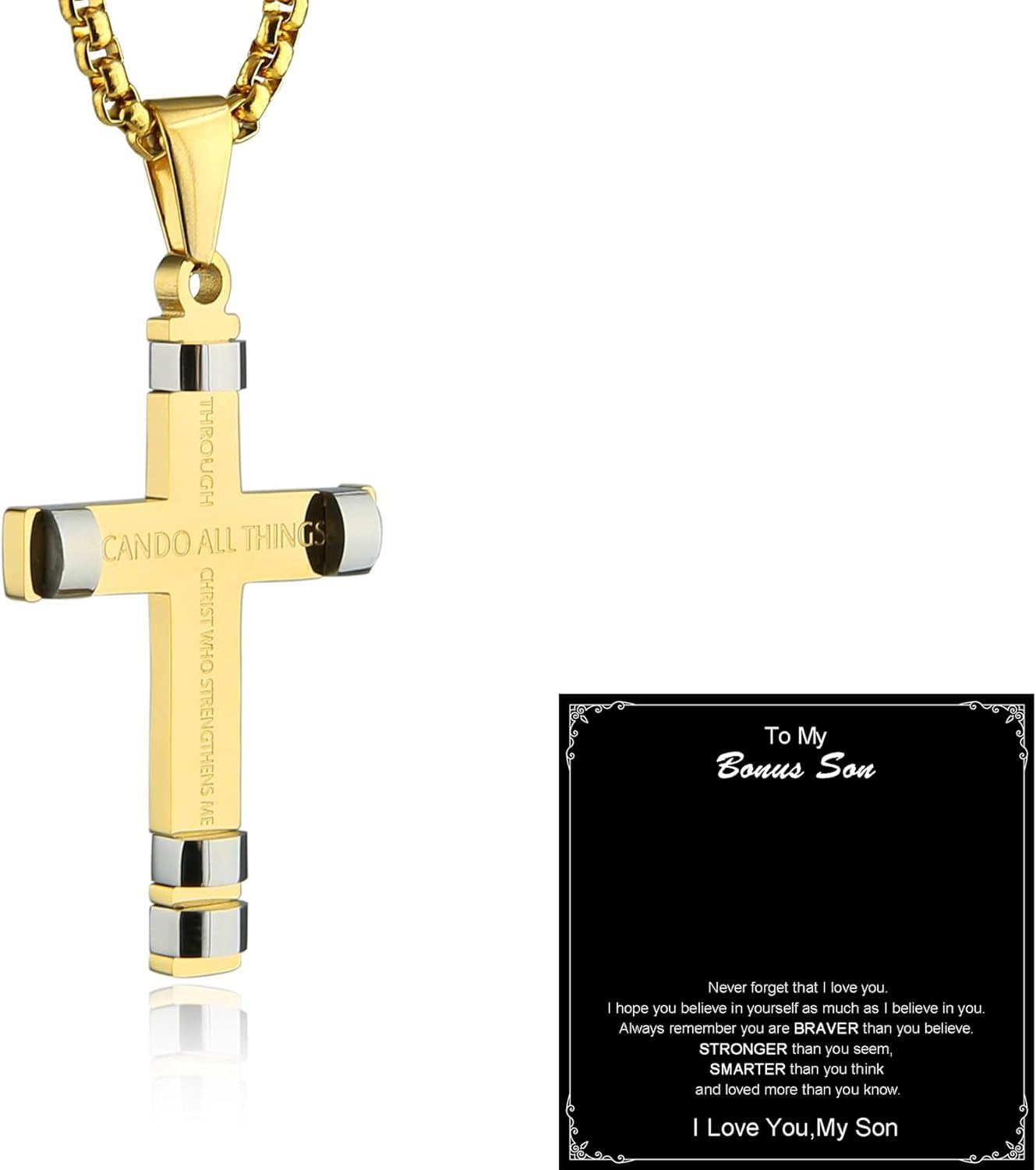 HZMAN Philippians 4:13 Cross Pendant Necklace - Strength Bible Verse in Stainless Steel, Available in Three Colors