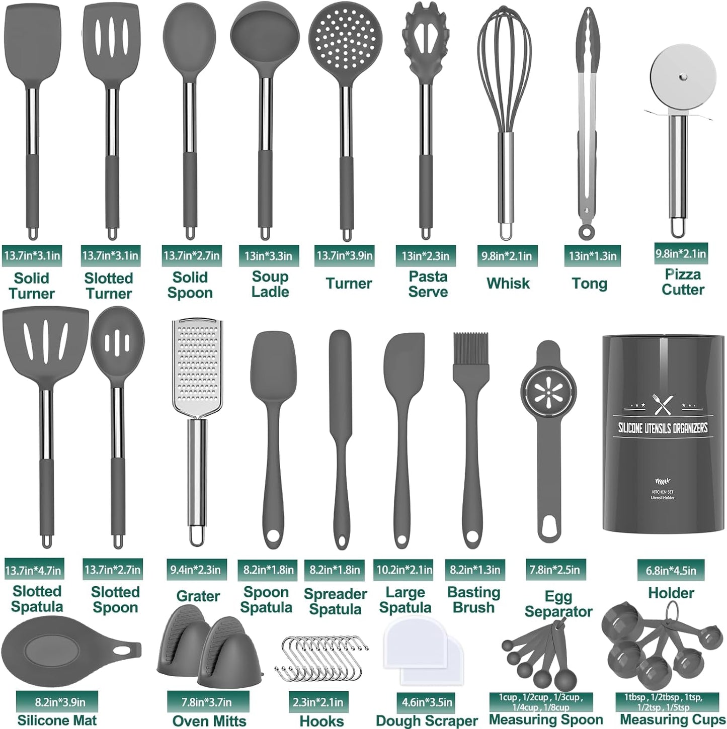 Umite Chef 43-Piece Silicone Cooking Utensil Set with Rose Gold Stainless Steel Handles - Non-Stick and Heat Resistant Cookware Set (Khaki)
