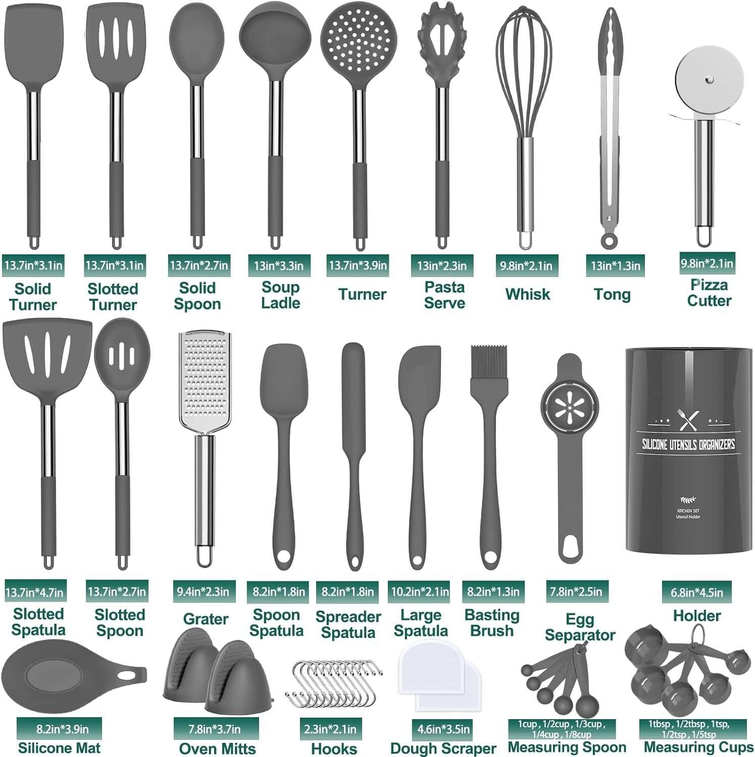 Umite Chef 43-Piece Silicone Cooking Utensil Set with Rose Gold Stainless Steel Handles - Non-Stick and Heat Resistant Cookware Set (Khaki)