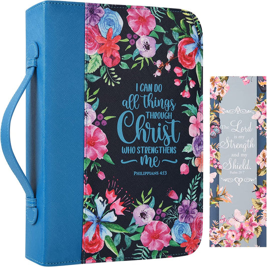 Women's Large Leather Bible Cover Case - Floral Design Tote with Handles, Pockets, and Bookmarks - Ideal Christian Gift (10.8" x 7.8" x 2")