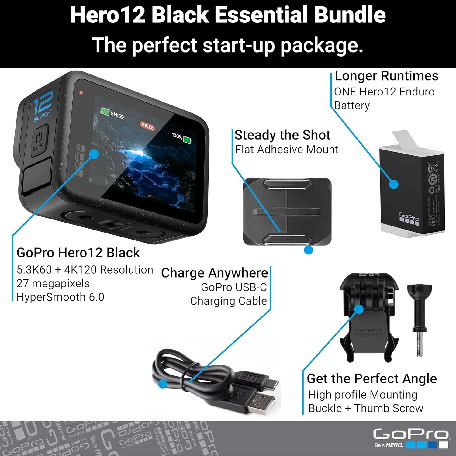 GoPro Hero12 Black E - Commerce Bundle - Waterproof Action Camera with 5.3K60 Ultra HD Video, 27MP Photos, HDR, 1/1.9" Image Sensor, Live Streaming, Webcam, and Advanced Stabilization - Inside The Bars