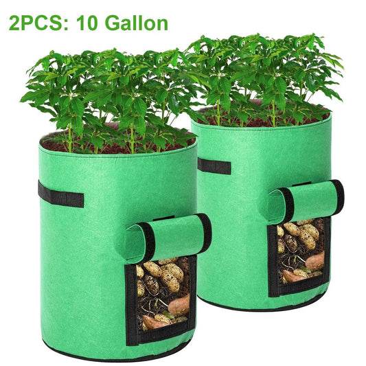 Heavy Duty 10 Gallon Potato Grow Bags - 2 Pack Fabric Pots with Visual Window and Reinforced Handles for Easy Harvesting (Green) - Inside The Bars