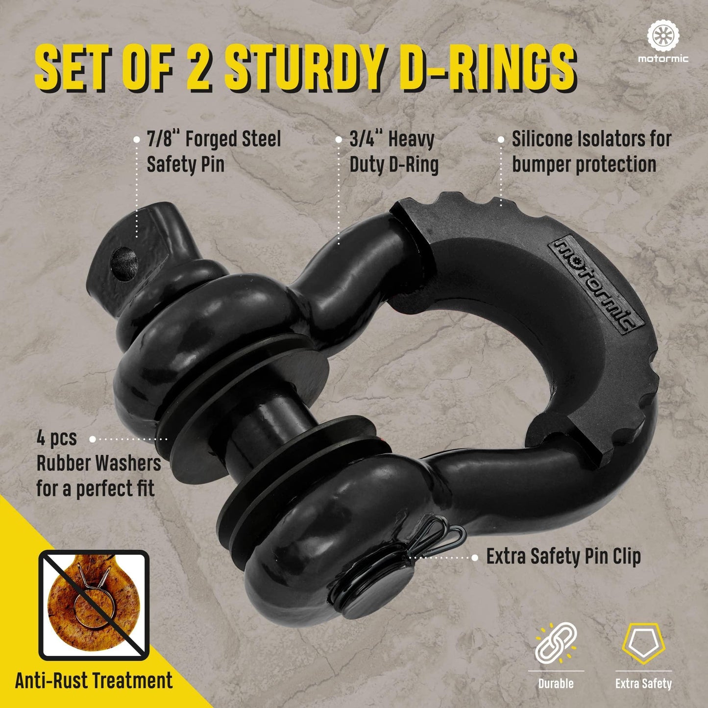 Motormic Unique D Ring Shackles 2 Pack Black Heavy Duty Towing - Inside The Bars