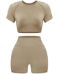 OLCHEE Women's Acid Wash Seamless Yoga Set - 2 Piece Crop Top and Shorts Athletic Outfit in Coffee, Size Small - Inside The Bars