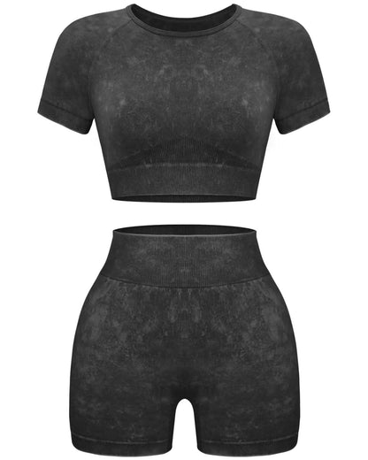 OLCHEE Women's Acid Wash Seamless Yoga Set - 2 Piece Crop Top and Shorts Athletic Outfit in Coffee, Size Small - Inside The Bars