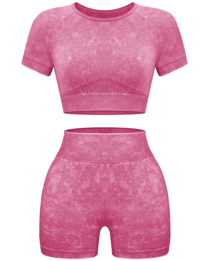 OLCHEE Women's Acid Wash Seamless Yoga Set - 2 Piece Crop Top and Shorts Athletic Outfit in Coffee, Size Small - Inside The Bars
