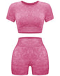 OLCHEE Women's Acid Wash Seamless Yoga Set - 2 Piece Crop Top and Shorts Athletic Outfit in Coffee, Size Small - Inside The Bars