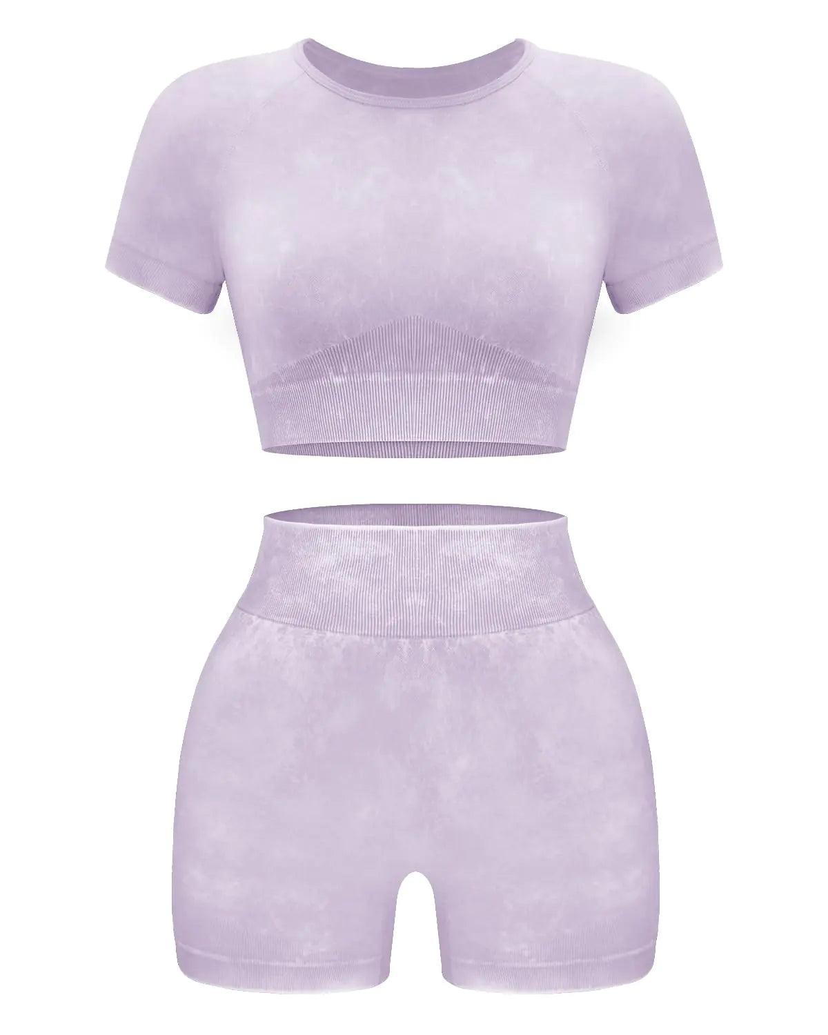 OLCHEE Women's Acid Wash Seamless Yoga Set - 2 Piece Crop Top and Shorts Athletic Outfit in Coffee, Size Small - Inside The Bars