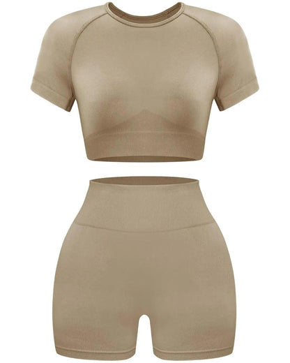 OLCHEE Women's Acid Wash Seamless Yoga Set - 2 Piece Crop Top and Shorts Athletic Outfit in Coffee, Size Small - Inside The Bars