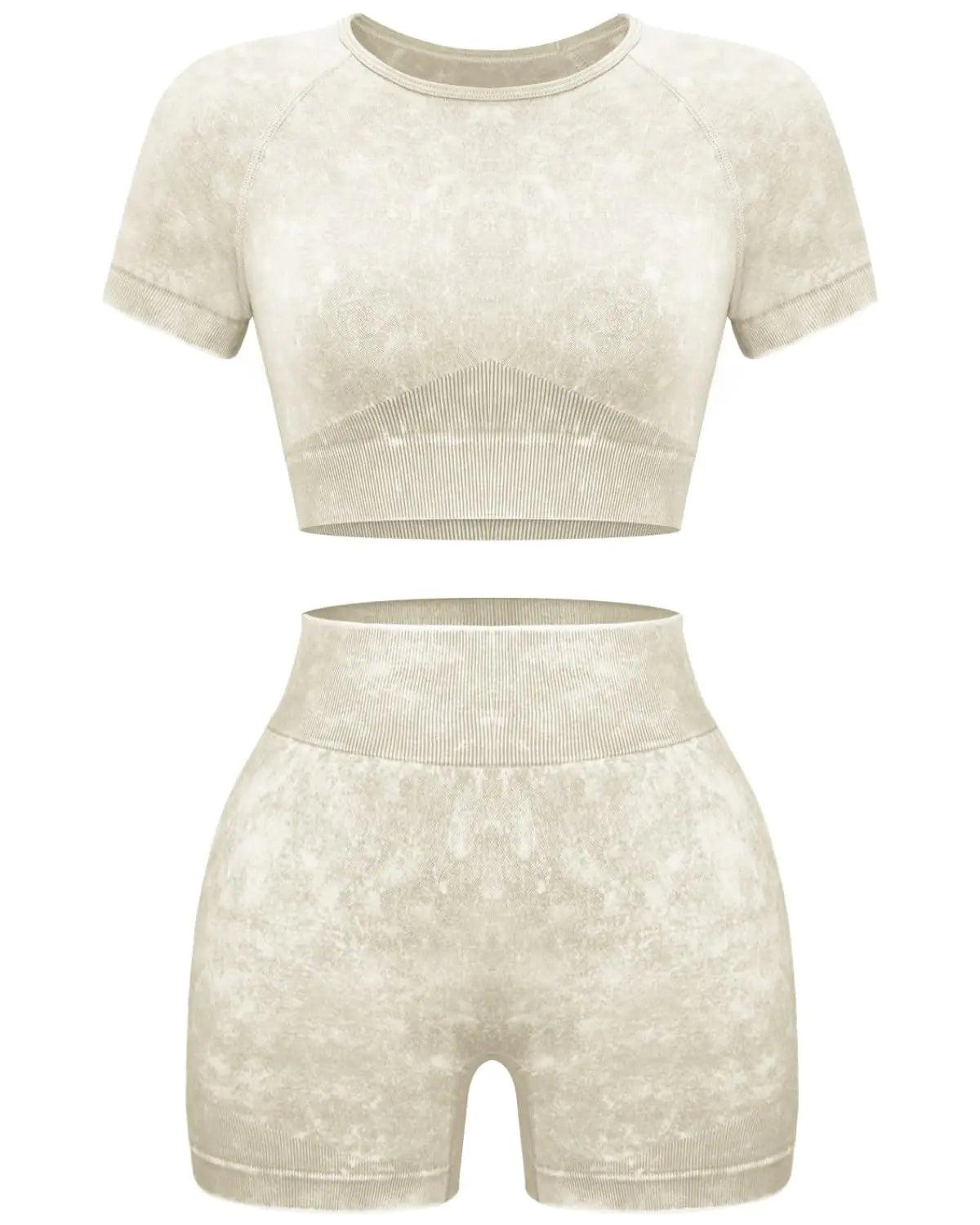 OLCHEE Women's Acid Wash Seamless Yoga Set - 2 Piece Crop Top and Shorts Athletic Outfit in Coffee, Size Small - Inside The Bars