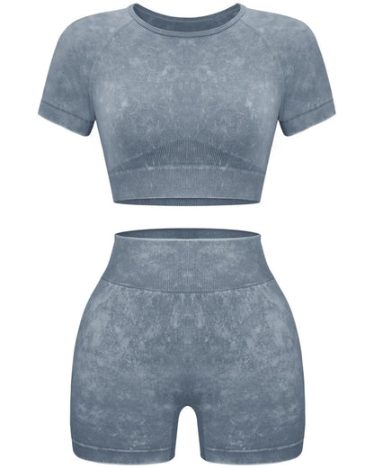 OLCHEE Women's Acid Wash Seamless Yoga Set - 2 Piece Crop Top and Shorts Athletic Outfit in Coffee, Size Small - Inside The Bars