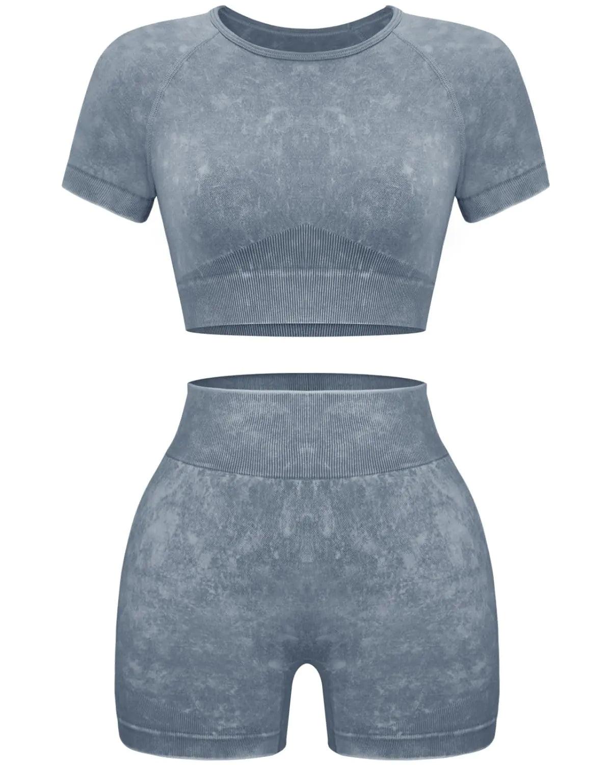 OLCHEE Women's Acid Wash Seamless Yoga Set - 2 Piece Crop Top and Shorts Athletic Outfit in Coffee, Size Small - Inside The Bars