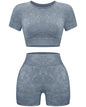OLCHEE Women's Acid Wash Seamless Yoga Set - 2 Piece Crop Top and Shorts Athletic Outfit in Coffee, Size Small - Inside The Bars