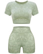 OLCHEE Women's Acid Wash Seamless Yoga Set - 2 Piece Crop Top and Shorts Athletic Outfit in Coffee, Size Small - Inside The Bars