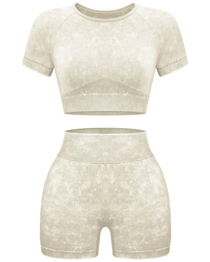 OLCHEE Women's Acid Wash Seamless Yoga Set - 2 Piece Crop Top and Shorts Athletic Outfit in Coffee, Size Small - Inside The Bars