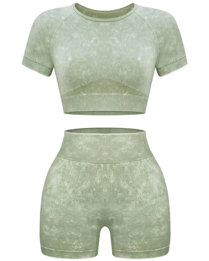 OLCHEE Women's Acid Wash Seamless Yoga Set - 2 Piece Crop Top and Shorts Athletic Outfit in Coffee, Size Small - Inside The Bars