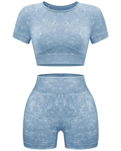 OLCHEE Women's Acid Wash Seamless Yoga Set - 2 Piece Crop Top and Shorts Athletic Outfit in Coffee, Size Small - Inside The Bars