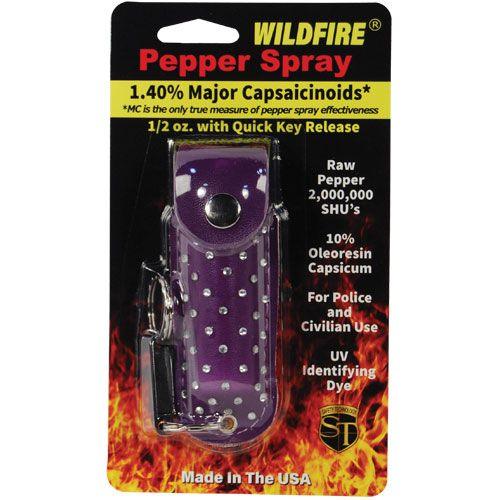 Purple Rhinestone Leatherette Holster Wildfire 1.4% MC 1/2 oz Pepper Spray with Quick Release Keychain - Inside The Bars