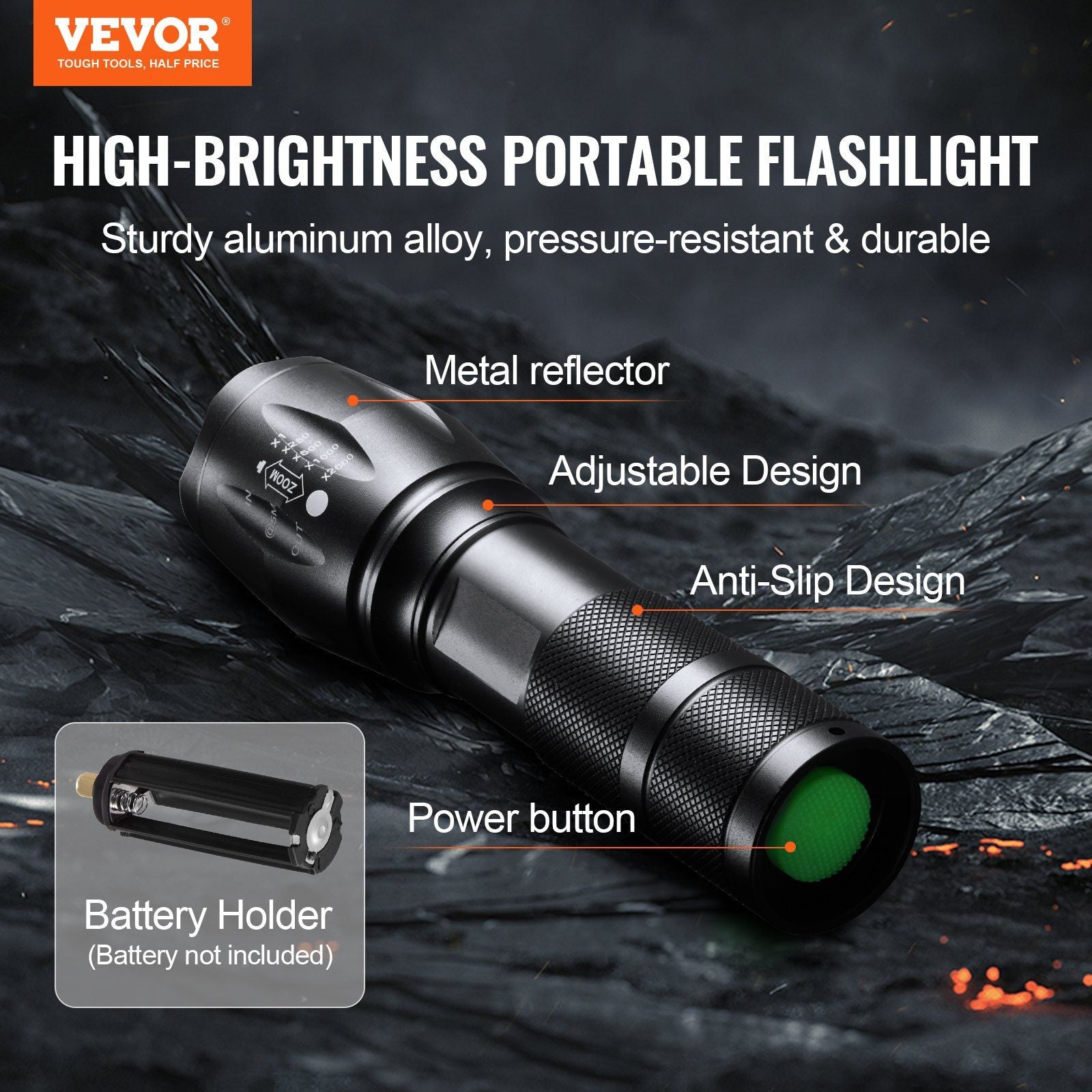 VEVOR 2 Pack Flashlights 3000 High Lumens 5 Modes Adjustable Focus - Inside The Bars