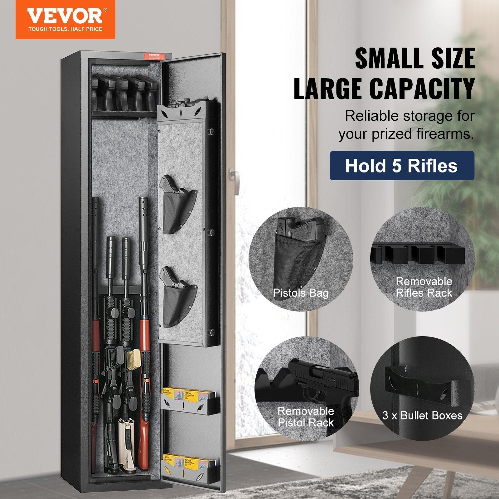 VEVOR 5 Rifles Gun Safe with Fingerprint Lock and Shelf - Inside The Bars