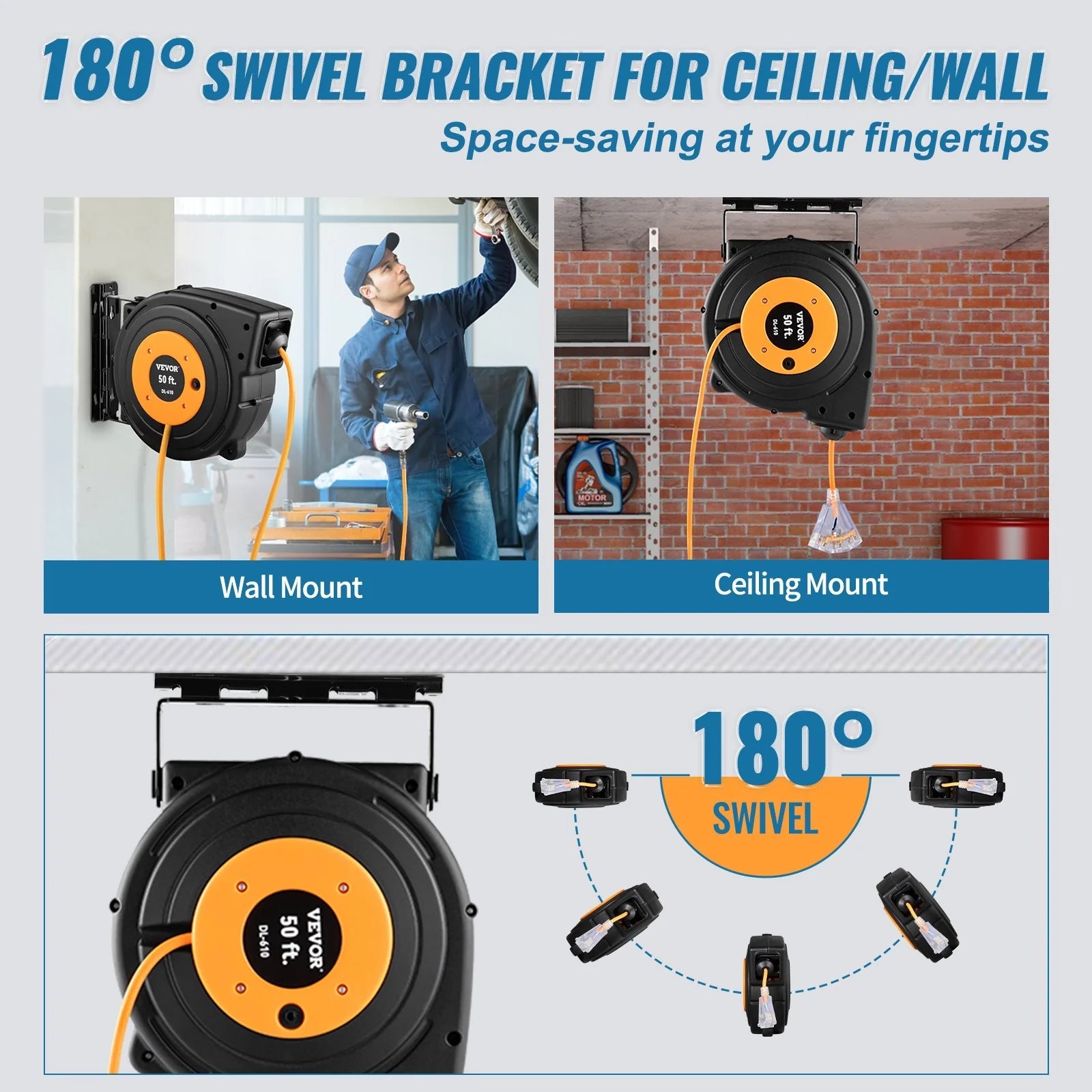 VEVOR 50Ft Retractable Extension Cord Reel 14AWG/3CSJTOW - Inside The Bars