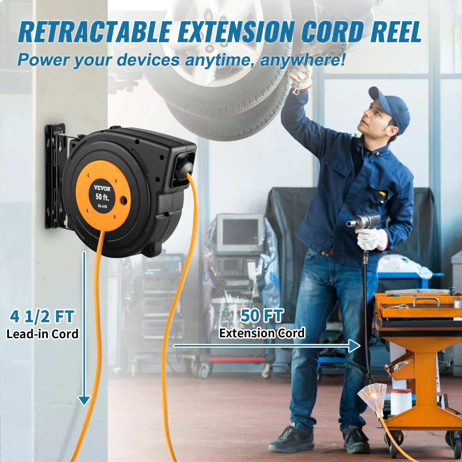VEVOR 50Ft Retractable Extension Cord Reel 14AWG/3CSJTOW - Inside The Bars