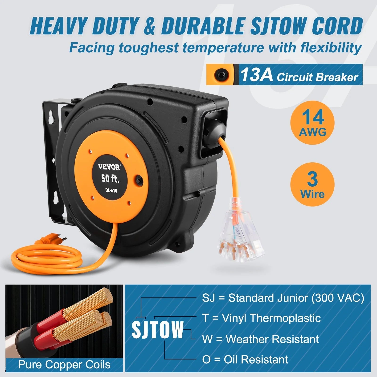 VEVOR 50Ft Retractable Extension Cord Reel 14AWG/3CSJTOW - Inside The Bars