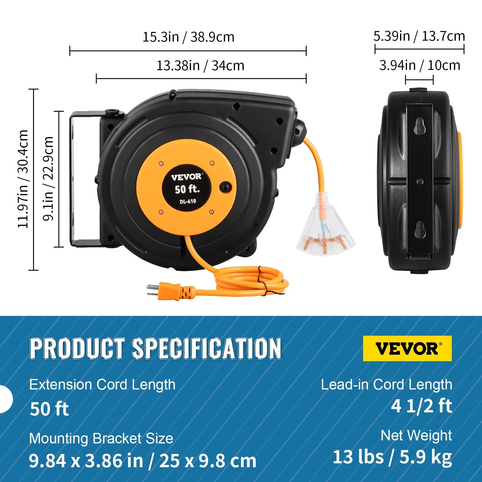VEVOR 50Ft Retractable Extension Cord Reel 14AWG/3CSJTOW - Inside The Bars