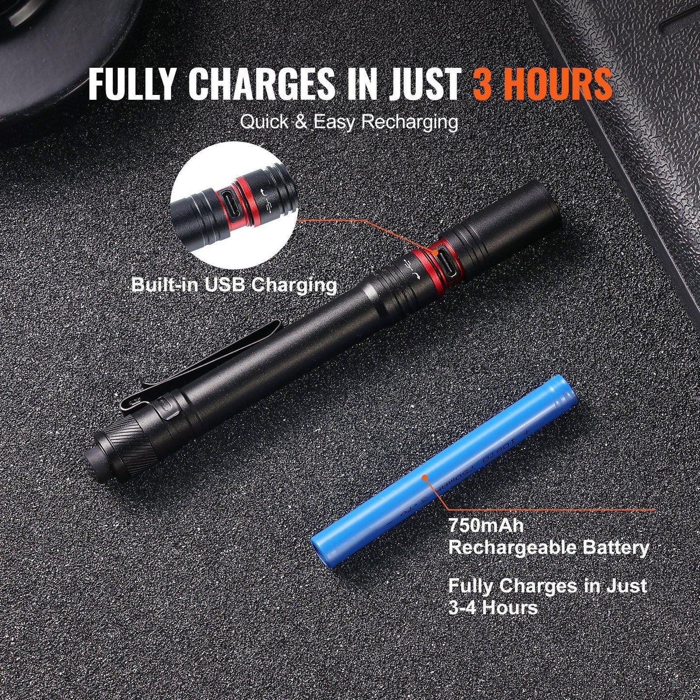 VEVOR 5.9 Inch Rechargeable Penlight 300 Lumens Pocket Light - Inside The Bars