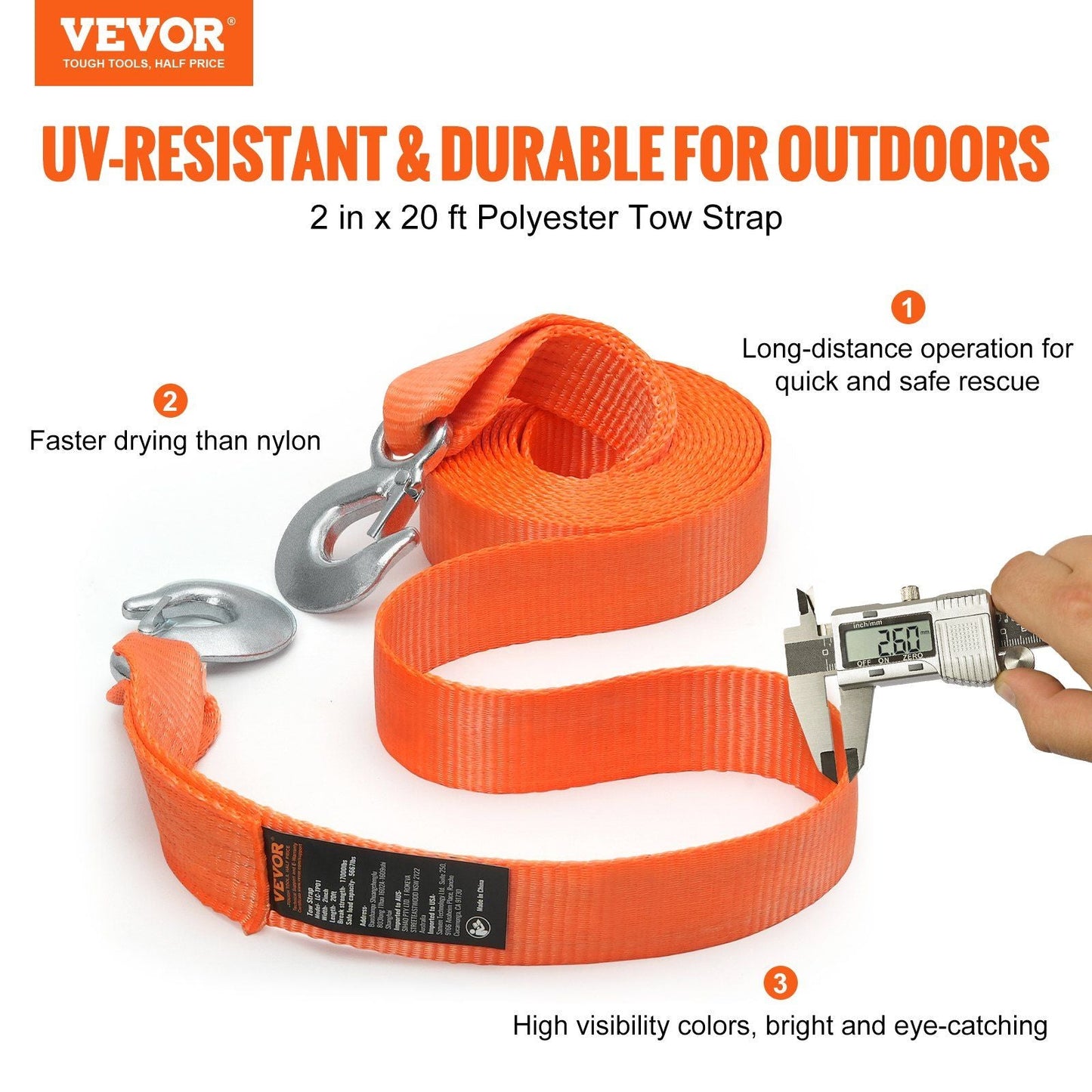 VEVOR ATV Car Tow Strap with Hooks 2"x20' 17000 lbs - Inside The Bars
