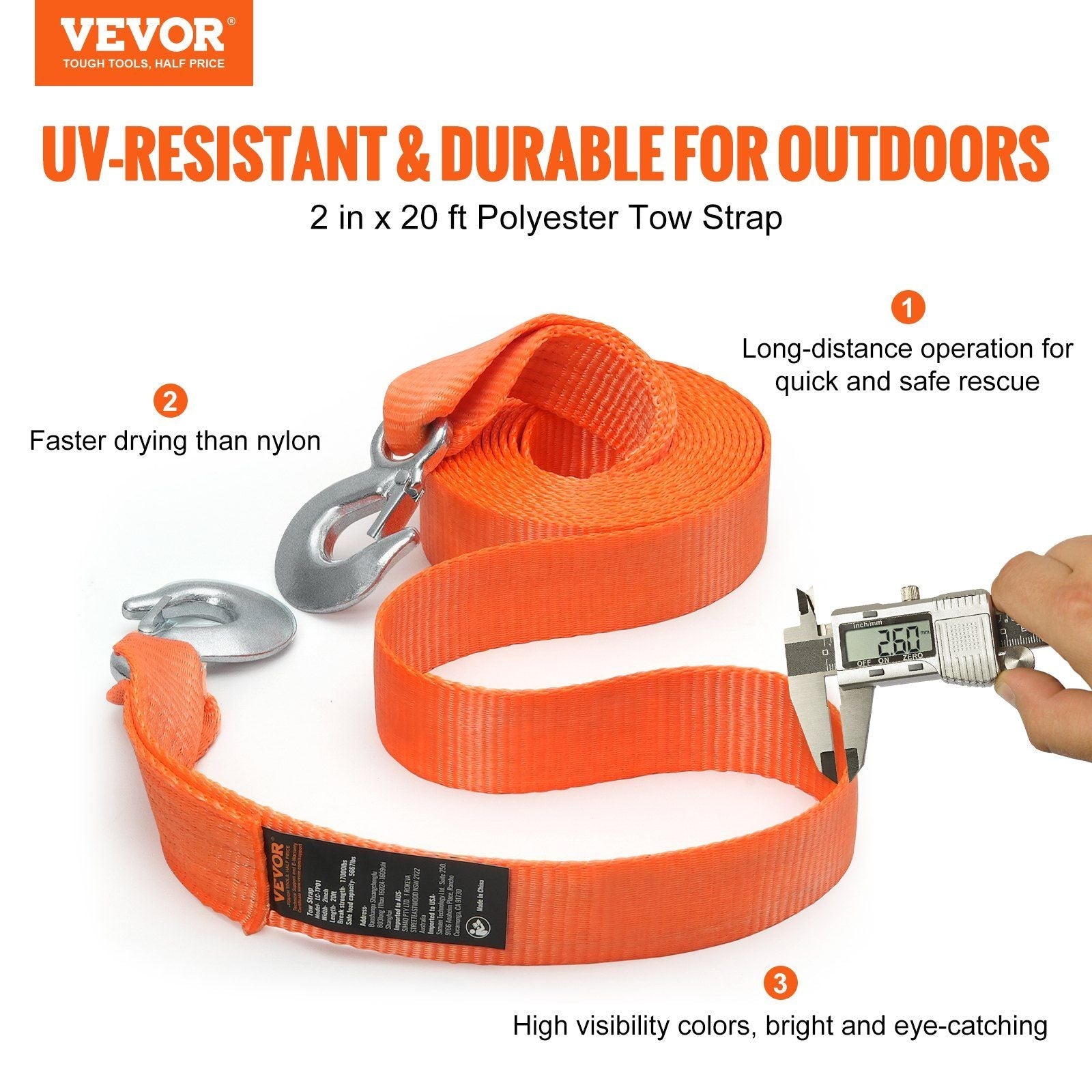 VEVOR ATV Car Tow Strap with Hooks 2"x20' 17000 lbs - Inside The Bars
