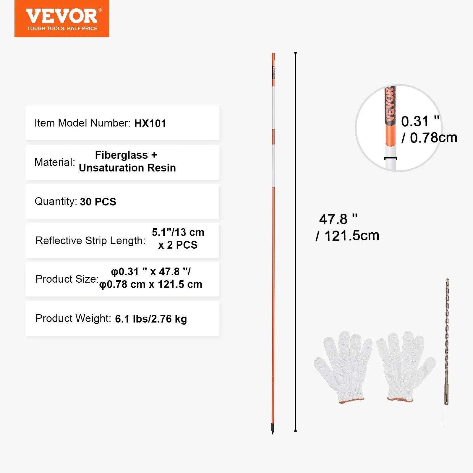 VEVOR Driveway Markers 48 Inch Orange Fiberglass Poles - Inside The Bars