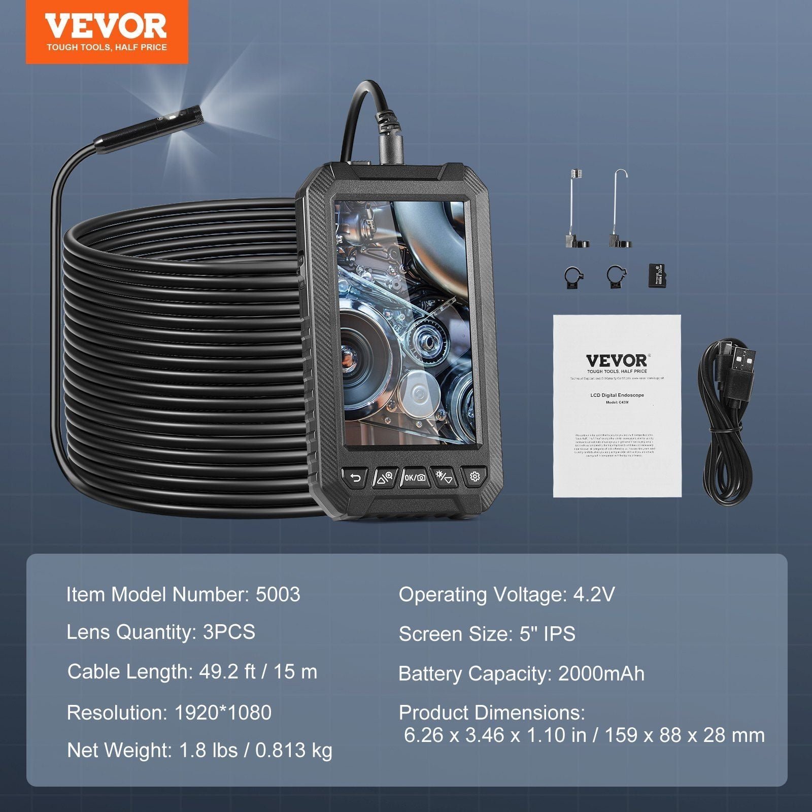 VEVOR Endoscope Camera with Lights Triple Lens Borescope 49.2FT Cable 5 Inch Screen - Inside The Bars