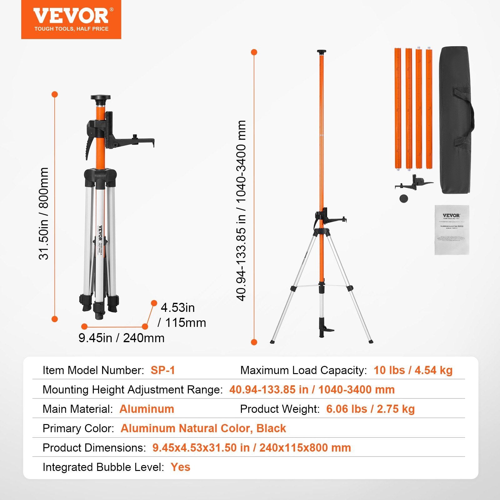 VEVOR Laser Level Tripod 1/4" - 20 & 5/8" - 11 Thread Height Adjust - Inside The Bars