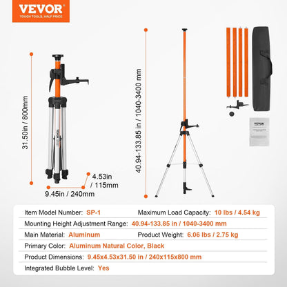 VEVOR Laser Level Tripod 1/4" - 20 & 5/8" - 11 Thread Height Adjust - Inside The Bars