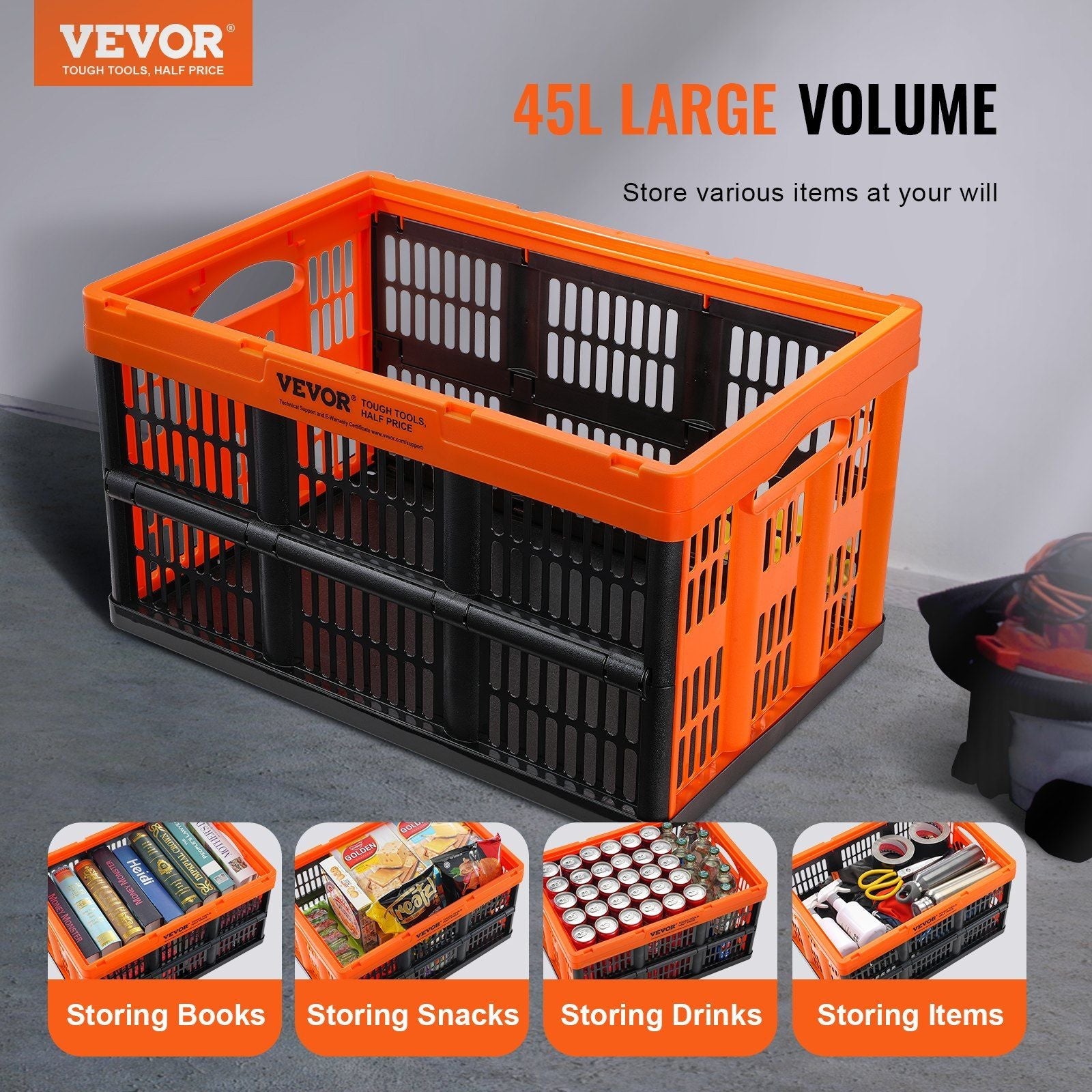 VEVOR Plastic Collapsible Storage Basket 45L 3 Packs Bins - Inside The Bars