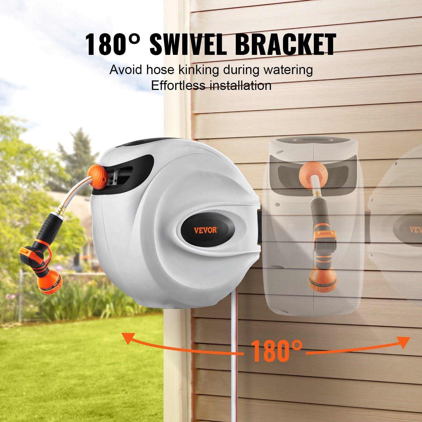 VEVOR Retractable Hose Reel Water Hose Reel 65'x5/8" 180° Swivel Wall - Mounted - Inside The Bars