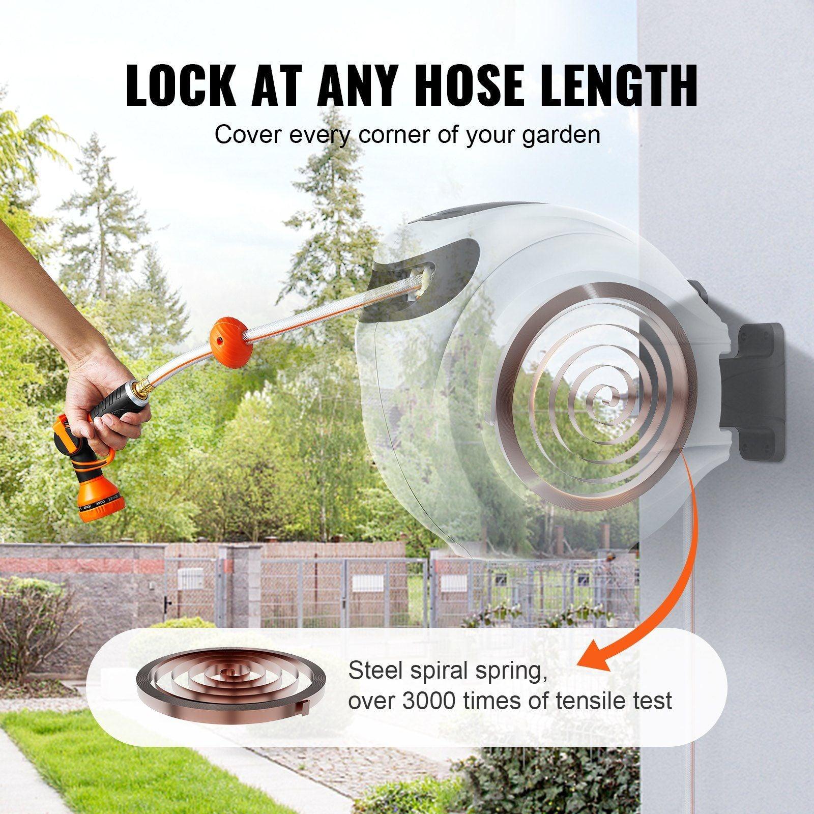 VEVOR Retractable Hose Reel Water Hose Reel 65'x5/8" 180° Swivel Wall - Mounted - Inside The Bars