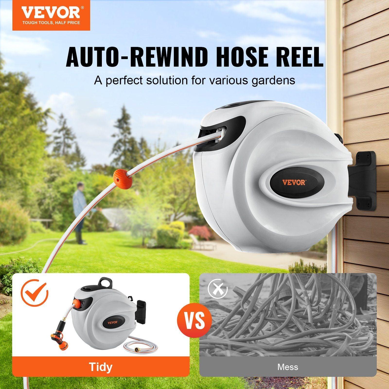 VEVOR Retractable Hose Reel Water Hose Reel 65'x5/8" 180° Swivel Wall - Mounted - Inside The Bars